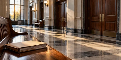 An empty courthouse hallway and case file before a hearing.