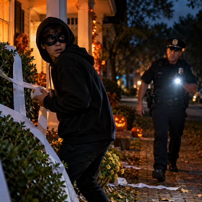 A police officer speaking with young adults in Halloween costumes outside a decorated Myrtle Beach home.