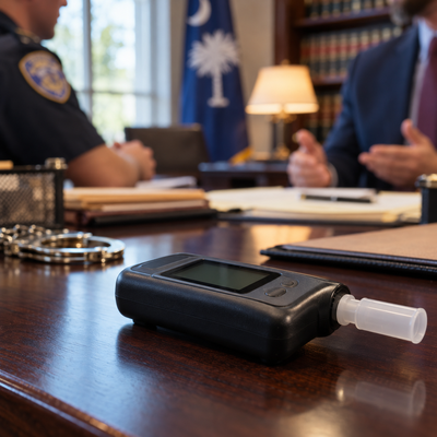 South Carolina DUI breath test investigation beside a parked car