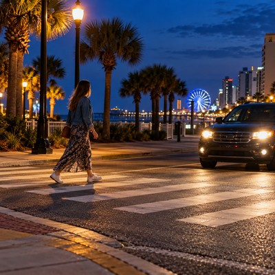 A pedestrian crosses a marked Myrtle Beach road at dusk as a vehicle approaches with headlights on.