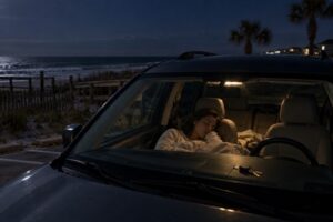 A person sleeping inside a parked car near Myrtle Beach at night.